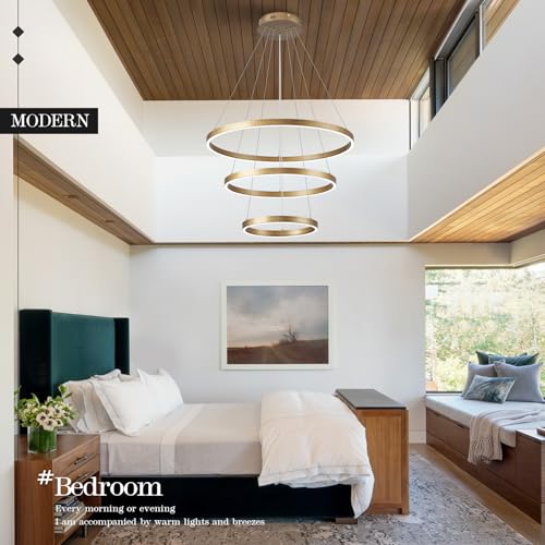 LED 3 Ring Chandelier Gold Brass Dimmable Modern Pendant Light