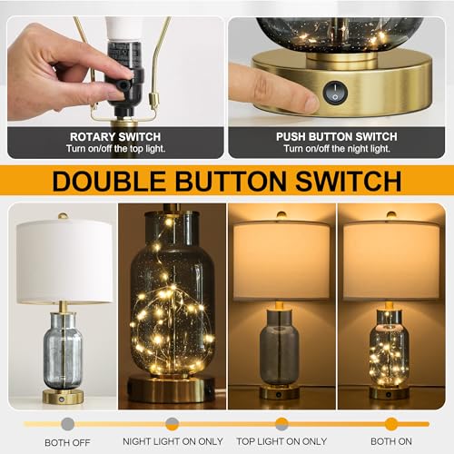 22" Glass Table Lamps Set of 2 with LED Nightlight for Bedroom (2 Count)
