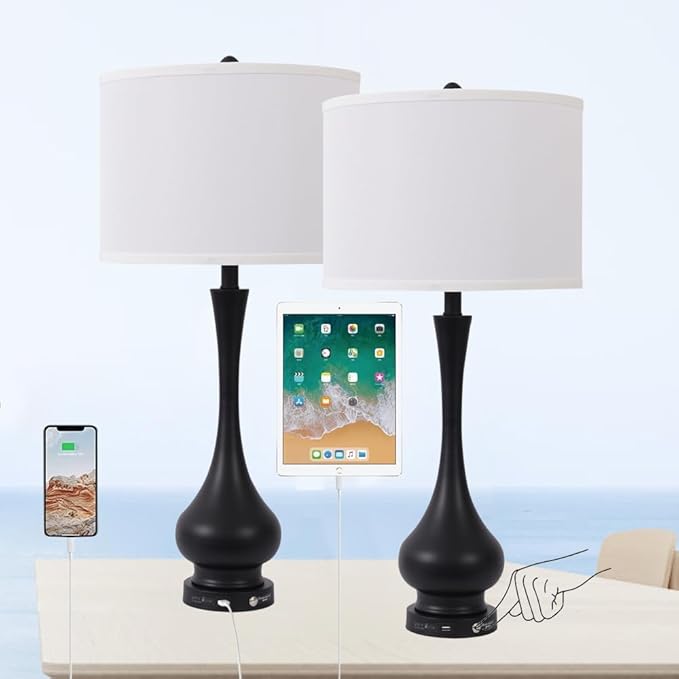 Touch Control Table Lamp Set of 2, 3-Way Dimmable Nightstand Lamp Sets with Linen Fabric Shade, Bedside Lamp with USB Port & E26 Socket, Modern Tall Table Lamp