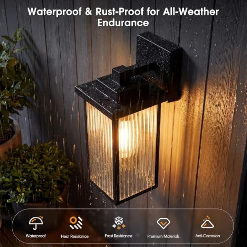 2-Pack 15-Inch Matte Black Outdoor Wall Light, All-Metal Frame