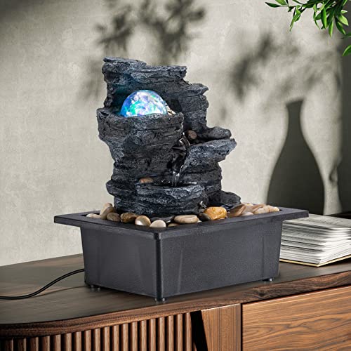 Table Top Fountain Spin Ball Rock Waterfall Fountain Office Table Top Fountain Includes Many Natural River Rocks Decorated with Colorful Lights and Rollers 9.05" L x 6.95" W x 10.25" H