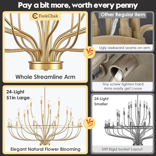 24 Light Gold Chandelier 51'' Large Candle Chandeliers for High Ceiling Foyer Brushed Brass Gold Chandelier Light Fixture for Large Living Room Dining Room Stairs Entry Restaurant Hotel