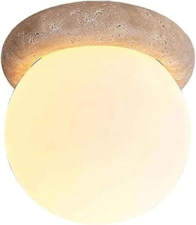 E26/E27Natural Yellow Travertine Semi Flush Mount Ceiling Light, 6-Inch Round Frosted Glass Globe, E26 Wabi-Sabi Japandi Style, Modern Minimalist Decor or Hallway, Entryway