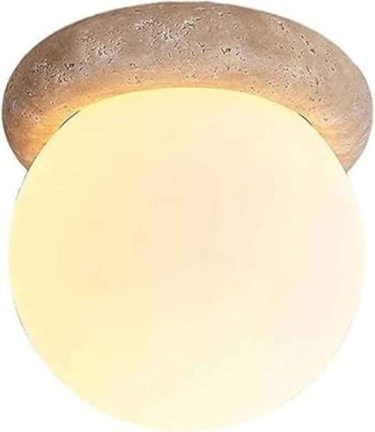 E26/E27Natural Yellow Travertine Semi Flush Mount Ceiling Light, 6-Inch Round Frosted Glass Globe, E26 Wabi-Sabi Japandi Style, Modern Minimalist Decor or Hallway, Entryway