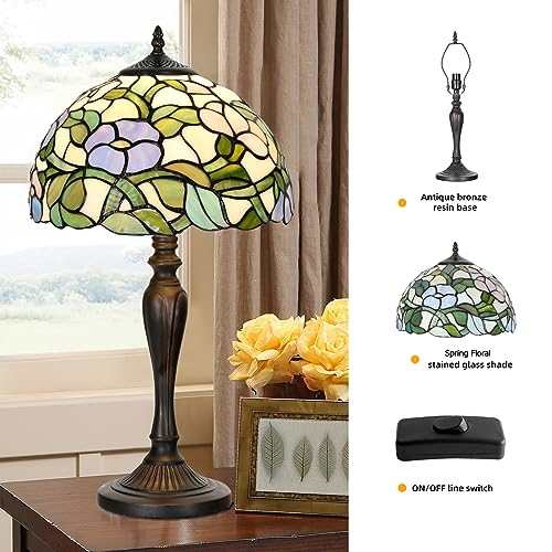 TL0005 Tiffany Table Lamp Bedside Stained Glass Lamp Spring Floral Design Reading Desk Light 12X21.5 Inches for Bedroom Living Room Home Office