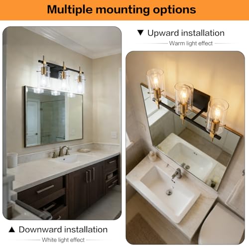 Vintage Vanity Lights Bathroom Light Fixture Over Mirror for Bath Glass Shade Light Black and Brass Modern Style 3 Lights