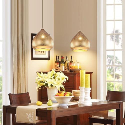 2 Pack Hanging Pendant Light Gold Turkish Moroccan Ceiling Light 11.8 Inch Metal Dome Shade Industrial Hanging Light for Dining Room Bedroom Kitchen Island