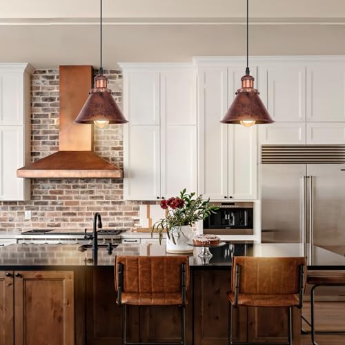 2Pcs Farmhouse Pendant Light Rustic Cone Shade Mounted Fixture Hanging Ceiling Lamp Antique Painted Finish Small Size Light (2 Count)