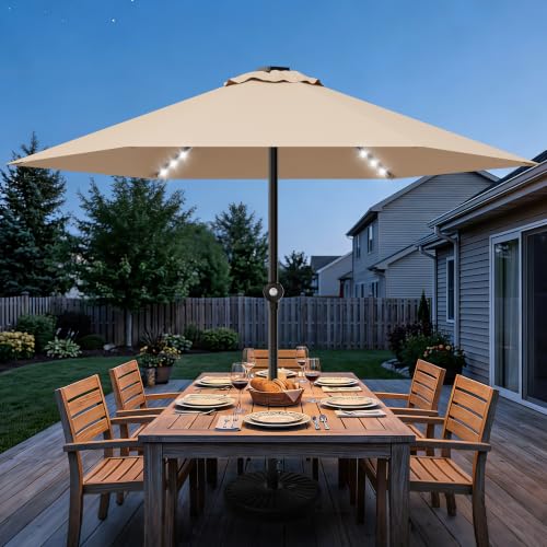 Patio Umbrella 9FT Solar Lights Push Up Outdoor Market Umbrella Beige
