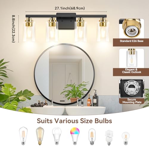 4 Light Black & Gold Bathroom Light Fixtures Over Mirror 27 Inches