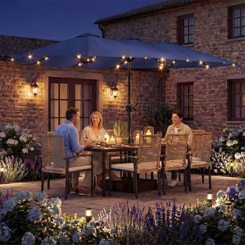 15ft Double Sided Patio Umbrella with Solar Lights and Base Included
