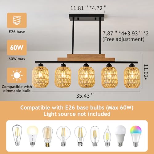 Dining Room Light Fixture 5 Light Large Rattan Kitchen Island Lighting with Boho Wicker Shade Chandelier Farmhouse Hanging Pendant Light for Living Room Bar Restaurant Bedroom
