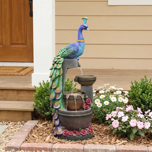 Outdoor Water Fountain 41" H Cascading Peacock Waterfall Fountain with LED Lights & Pump Tiered Water Feature for Garden