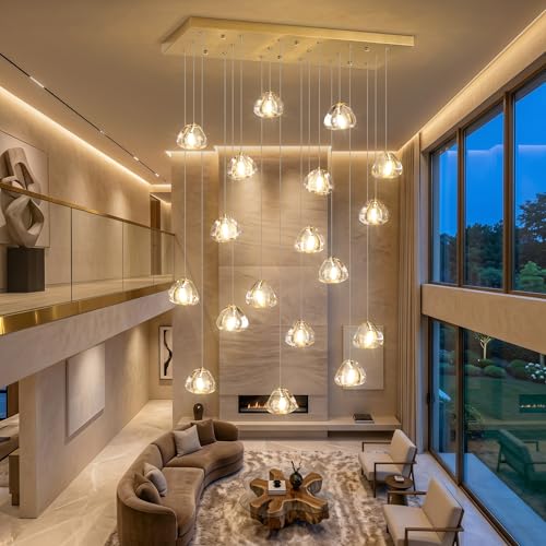 W35 x D11.8 x H118 Rectangular Chandelier Bubble Crystal Balls Glam Chandeliers Dimmable Light High Ceiling Pendants Light Fixtures Adjustable Long Lights Antique Gold