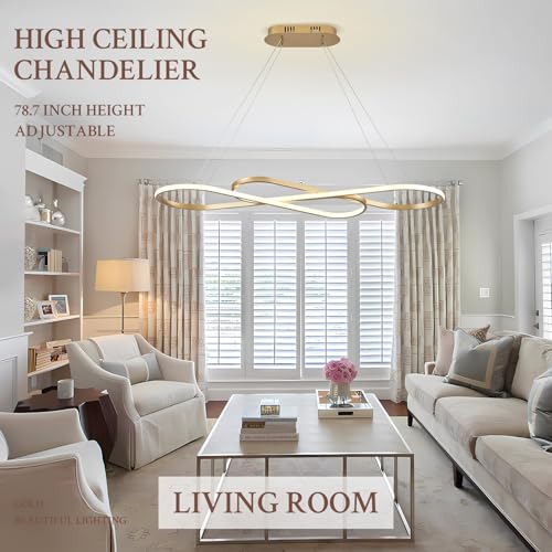 Modern LED Chandelier Gold Dimmable LED Pendant Light for Dining Room Light Fixture Over Table Modern Kitchen Island Lighting High Ceiling with Remote for Living Room