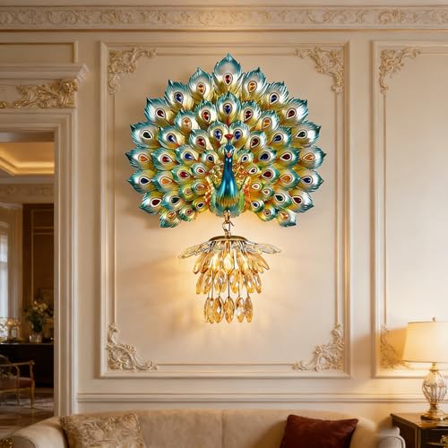 Modern Large Wall Sconce Crystal Glass Wall Mouunt Light Blue Resin Peacock Decorative Light E26 15.7" Wall Light Fixture for Bedroom Living Room Dining Room Hallway