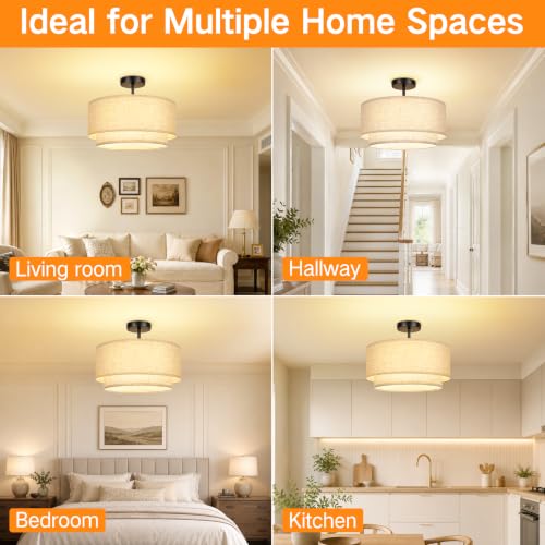 16" Semi Flush Mount Ceiling Light Double Drum Black 3 (Black)