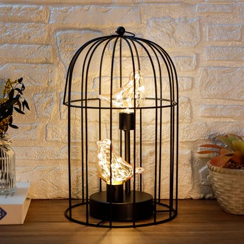 Birdcage Decorative Lamp Battery Operated 12" H Cordless Table Lamp with Warm White Fairy Lights Bird Bulb for Indoor Bedroom Living Room Home Wedding Xmas