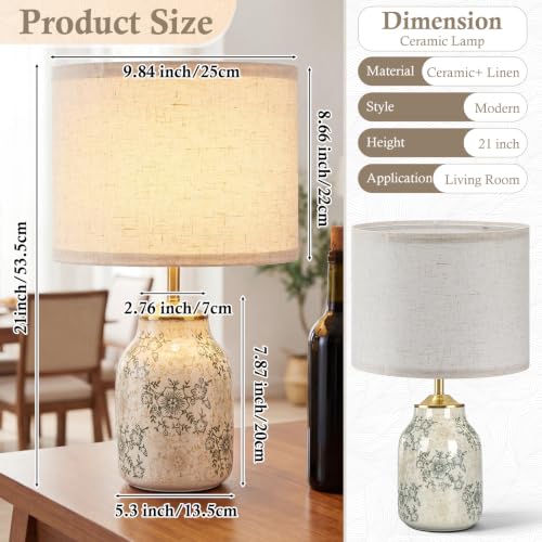 2 Pcs 21" Farmhouse Green Ceramic Lamp with Beige Linen Shade (2 Count)