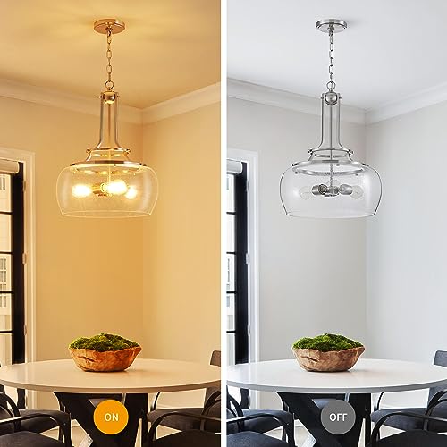 Chandelier Rustic Farmhouse Industrial Round Ceiling Pendant LED Light Fixture Clear Seeded Glass Shade for Dining Room Kitchen Island Foyer Entryway
