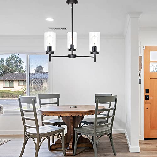 Farmhouse Chandeliers Black 3 Lights with Clear Glass Shades Modern Industrial Pendant Light Dining Room Lighting Fixtures Hanging Adjustable Wire Semi Flush Ceiling Lights