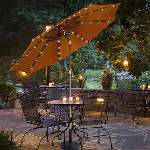 9 ft Solar Umbrella 32 LED Lighted Patio Umbrella Table Market Umbrella with Tilt and Crank Outdoor Umbrella for Garden