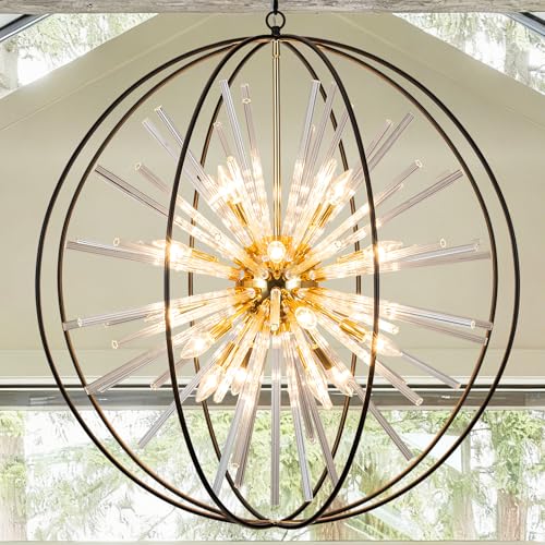 Modern Large Black and Gold Crystal Chandelier for Entryway High Ceiling