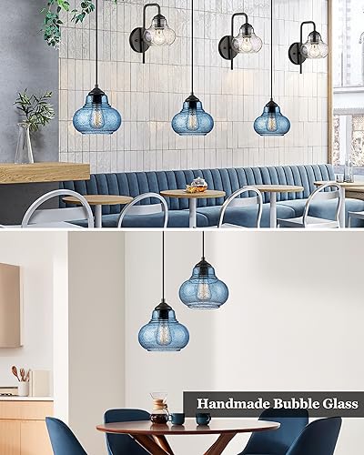 2 Pack Bubble Glass Pendant Lights 8 inch Modern Blue Hand Blown Globe Glass Pendant Lighting Hanging Light fixtures for Kitchen Island Dining Room Bar Bedroom Living Room (2 Count)