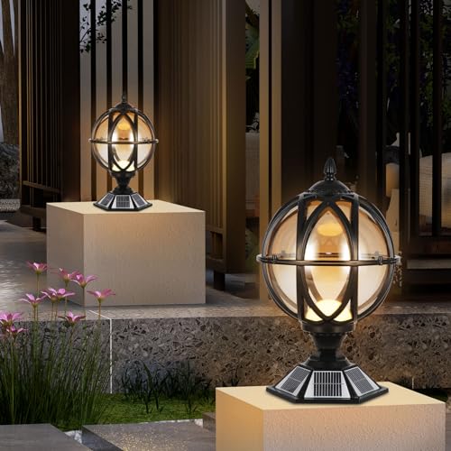 Solar Post Cap Light Victorian Globe Outdoor Waterproof Fence Pillar Lamps Solar Energy LED Exterior Column Lights Glass Ball Porch Lights Landscape Yard Street Light Deck Bollard Pedestal Light