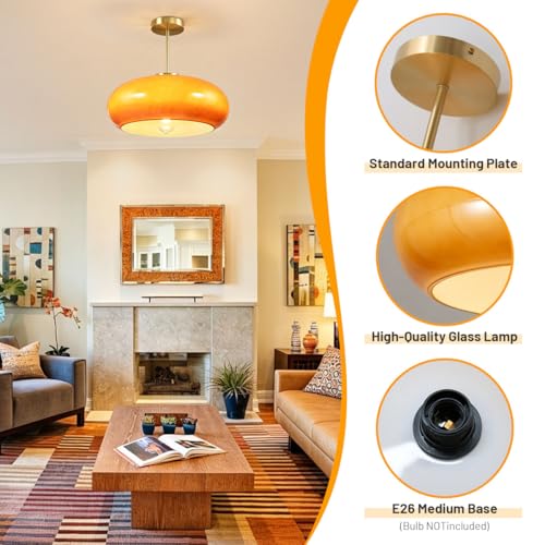 Large Glass Semi Flush Mount Ceiling Light 15.7″Dome Orange Shade