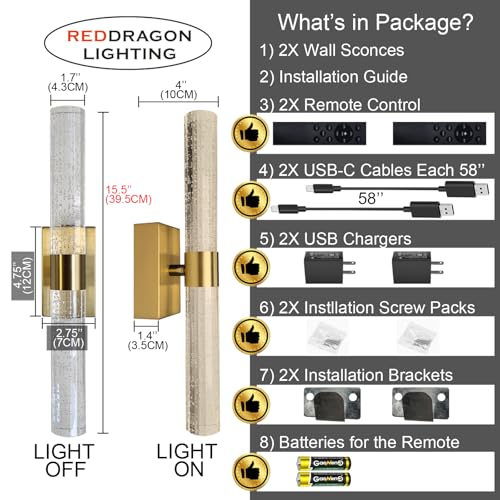 Cordless Gold Crystal Wall Sconces Battery Operated Set of 2 with Remote