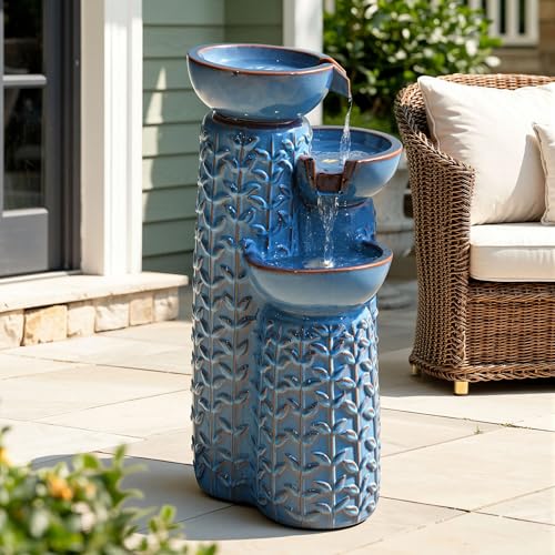 28" Ceramic Outdoor Water Fountain with LED Lights