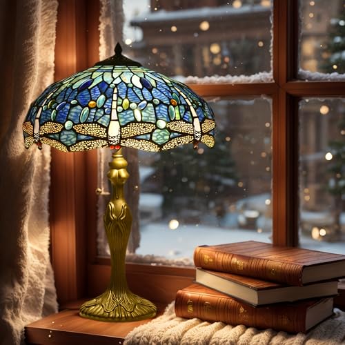 Tiffany Lamp Shade Replacement 16X7.4 Inch Blue Stained Glass Dragonfly Style Lampshade