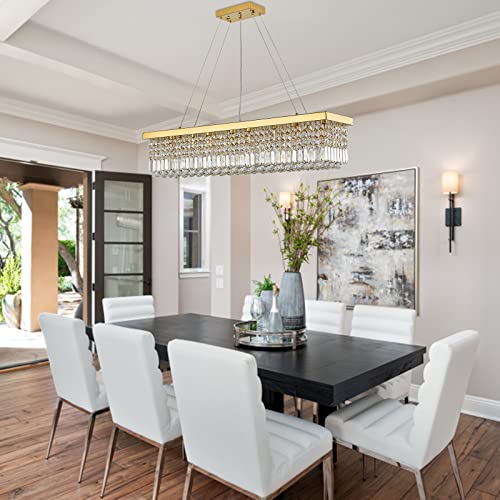 Rectangle K9 Crystal Chandelier Modern Gold Crystal Chandelier Rectangular Pendant Lighting Fixture for Dining Room Kitchen Island Bedroom L47'' x W10'' x H10''