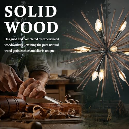 Black Wood Sputnik Chandeliers 12 Light Starburst Light Fixture Solid Wood