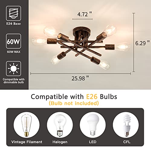 6 Lights Semi Flush Mount Ceiling Light Fixture Vintage Modern Bronze Matte Sputnik Chandelier Farmhouse Ceiling Lamp for Kitchen Bedroom Dining Room Living Room Entryway