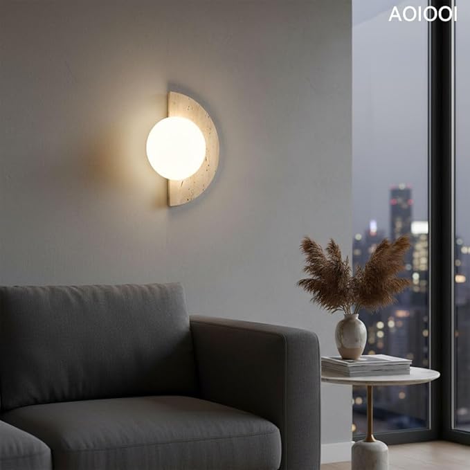 Natural Travertine Stone Wall Sconce, Half Moon LED Wall Light Fixture,Glass Globe and Pull Chain Switch Wall Lamp,Modern Minimalist Lunar Lamp for Bedroom Bedside,Living Room Accent Decor(Two kinds)