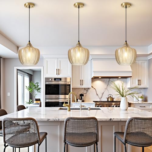 Amber Glass Pendant Lights Kitchen Island Gold Hanging Ceiling Light 9.45"