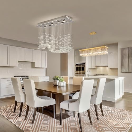 Modern Wave Crystal Chandelier for Dining Room 10 Lights Luxury Rectangular Flush Mount Crystal Ceiling Light for Living Room Kitchen Island Length 40 Inch