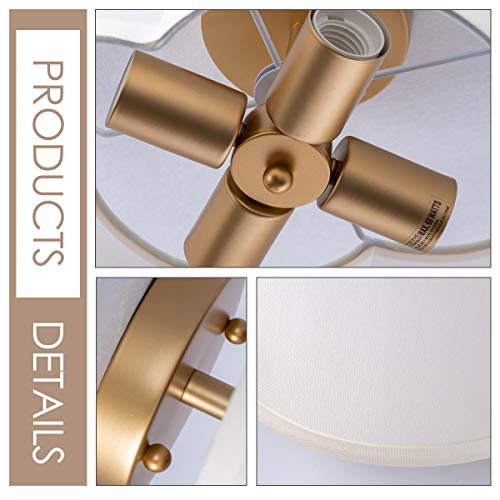 Modern Flush Mount Ceiling Light Fixture Farmhouse White Fabric Semi Ceiling Lamps with Gold 4 Lights Drum Shade for Bedroom Dining Room Entryway Hallway Nursery