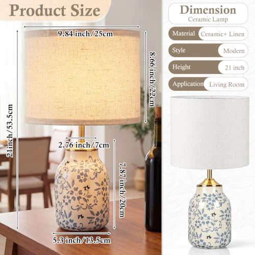 1 Pcs 21" Chinoiserie Blue Ceramic Lamp with Beige Linen Shade