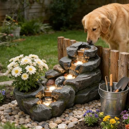 38.2" L Garden Water Fountain Outdoor Waterfall with LED Light