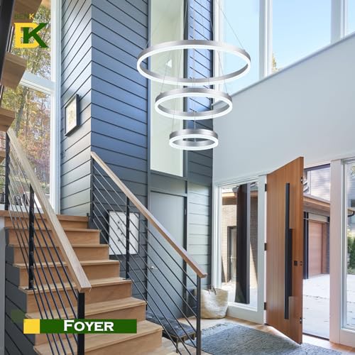 3 Rings Modern LED Chandelier Silver Dimmable Pendant Lighting with Remote Control Circular Flush Mount High Ceiling Light for Dining Room Living Room Entrance Foyer