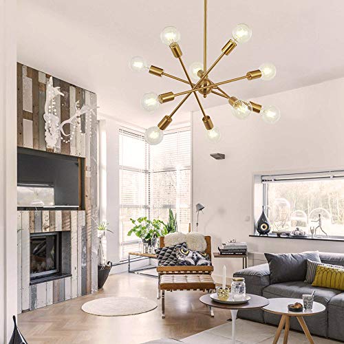 Modern 10 Light Sputnik Chandeliers Brushed Brass with Adjustable Arms Metal Kitchen Light Fixtures Gold Mid Century Pendant Lighting Vintage Industrial Ceiling Lights for Living Room