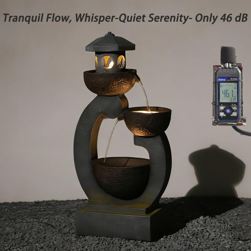 Outdoor Garden Water Fountain Modern Tranquil Zen Pagoda Waterfalls Fountains Bowl with LED Lights & Pump for Patio Yard Porch Pool Decor