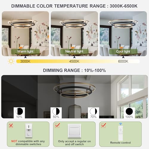 3 Rings Modern LED Chandelier Black Gold Dimmable Circular Pendant Light for Dining Room