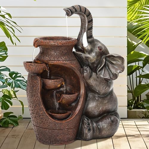 AUTODAYA 19" H Elephant Statue Outdoor Water Fountain with Warm LED Lights