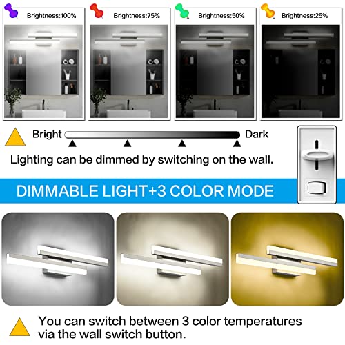 24 Inch LED Vanity Light Brushed Nickel Bathroom Light Fixtures Over Mirror Modern Bath Wall Lighting Bar 3CCT