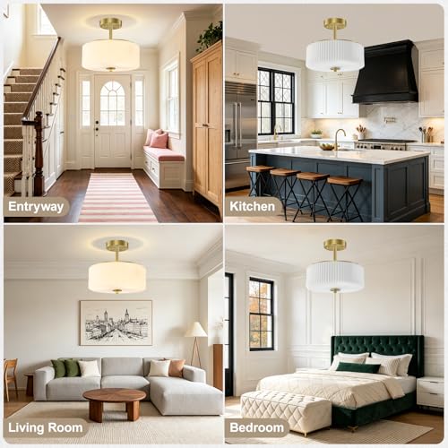 Gold Semi Flush Mount Ceiling Light for Schoolhouse (Gold/Milk)