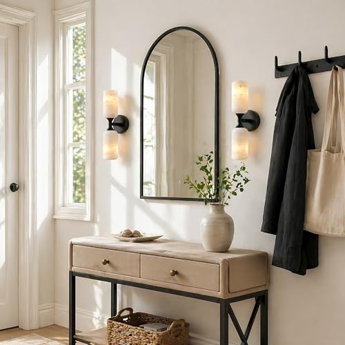 Natural Alabaster Wall Sconce 15in Marble Bathroom Vanity Sconce Black E26